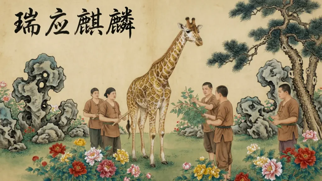 A reimagined Ming Dynasty court painting by Shen Du, depicting a giraffe with scale-like patterns instead of spots, labeled as the auspicious Qilin amidst an imperial garden.
