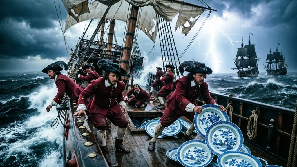Dramatic illustration of the Spanish galleon San Diego sinking in Manila Bay in 1600, with Ming Dynasty blue-and-white porcelain plates falling into the sea during a storm.