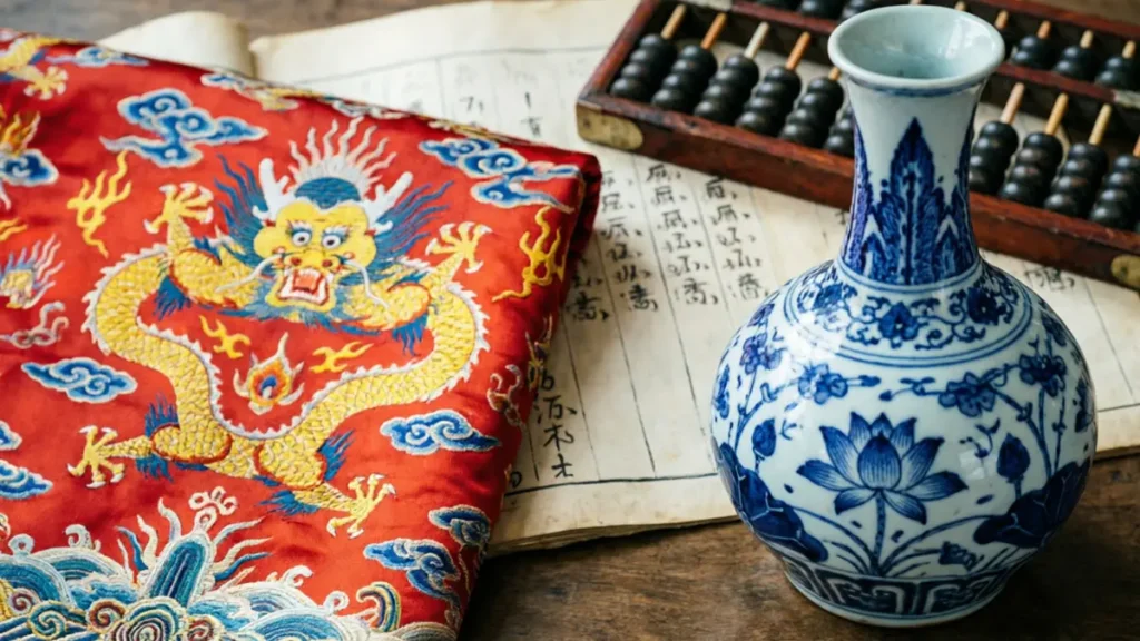 A display of high-grade Ming Dynasty cloud-pattern silk and blue-and-white porcelain, the primary returns for the Bengali giraffe tribute mission.