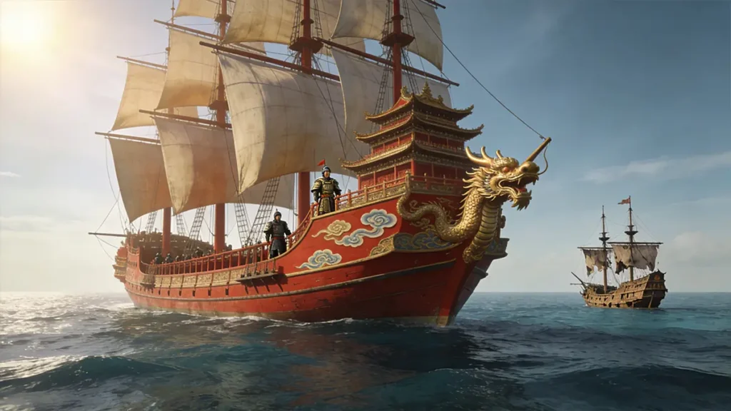 A dramatic size comparison between a massive Ming Dynasty Treasure Ship with nine masts and red hull, and the tiny Portuguese caravel São Gabriel, highlighting the technological gap of the era.
