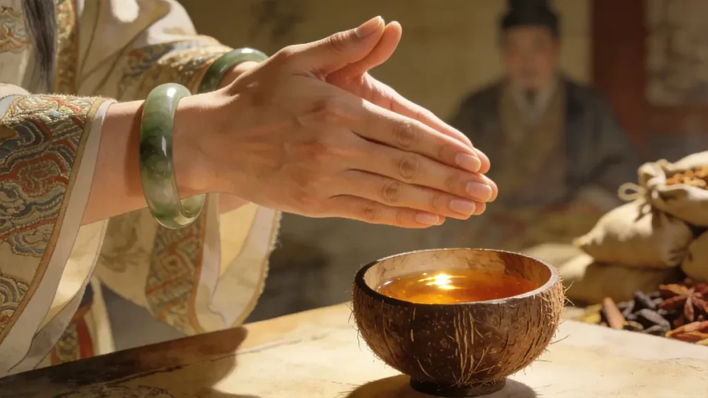 A close-up artistic rendering of two hands clapping to seal a deal, with a traditional coconut-shell cup of palm wine in the foreground, symbolizing the trust-based trade of Ming-era Calicut.