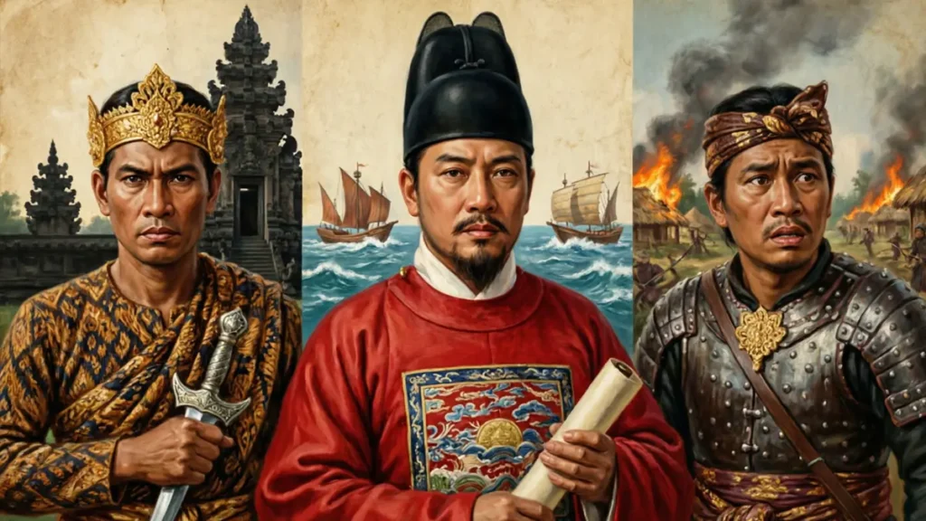 A triptych illustration depicting the three key figures: King Wikramawardhana of Majapahit, Admiral Zheng He in Ming official robes, and the rebel King Bhre Wirabhumi.