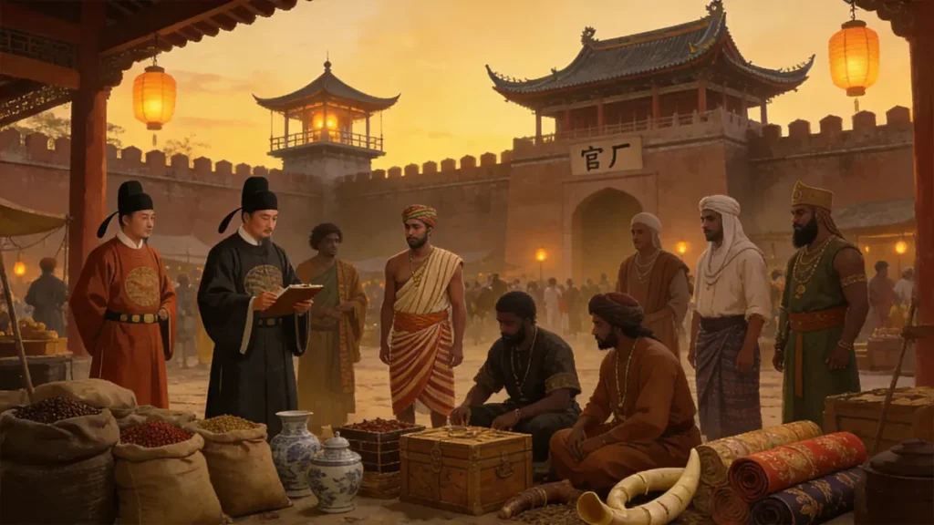 Busy scene inside the Ming Dynasty Guanchang in Malacca with merchants trading spices, porcelain, and silk under watchtowers.