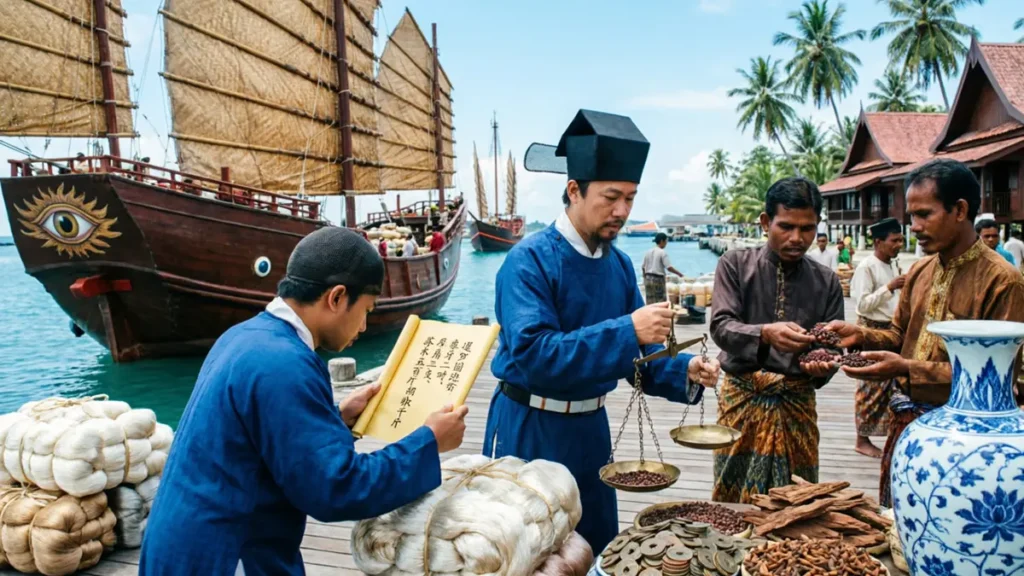 Bustling trade scene at Malacca port in the 15th century showing Ming Dynasty merchants trading silk, porcelain, and copper coins for Southeast Asian spices