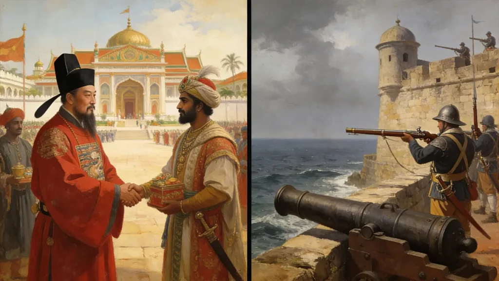 Conceptual art comparing Ming Dynasty diplomatic engagement without fortifications versus European colonial fortress building in the 15th century.