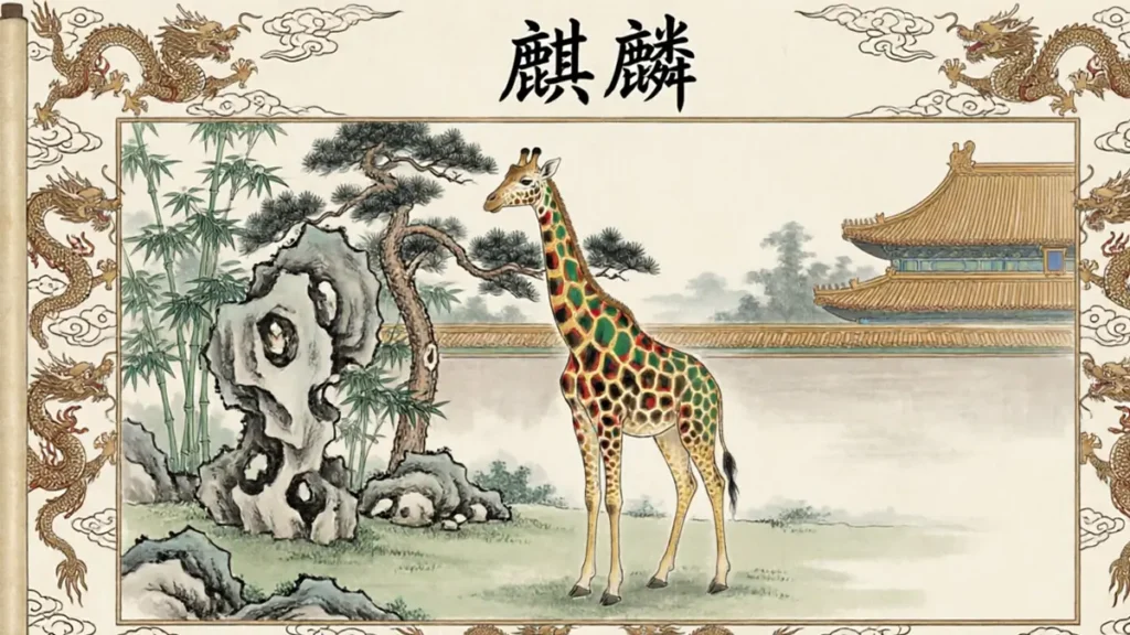Ming Dynasty court painting of a giraffe, which Chinese scholars identified as the mythical "Qilin" (Chinese unicorn), brought back from Africa