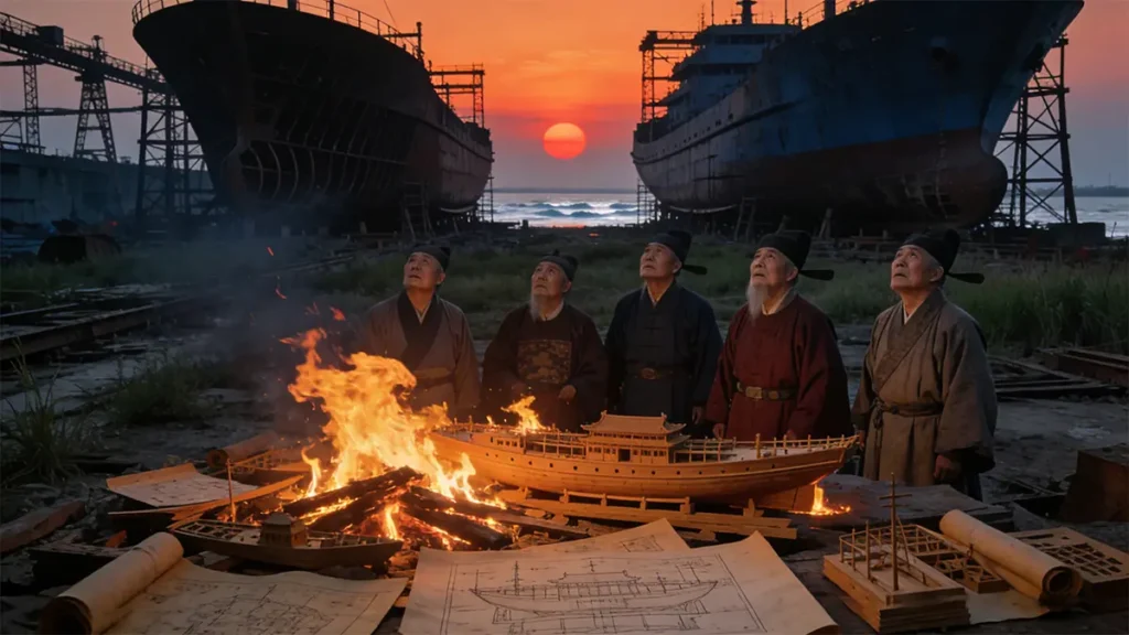 Symbolic image of the Ming Dynasty maritime ban, showing burning ship blueprints and abandoned shipyards in Nanjing.