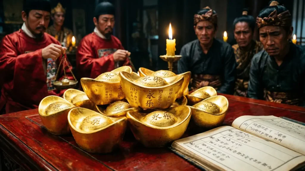 Piles of Ming Dynasty horse-shoe shaped gold ingots stamped with the Yongle era mark, being weighed as reparations paid by the Majapahit Kingdom.