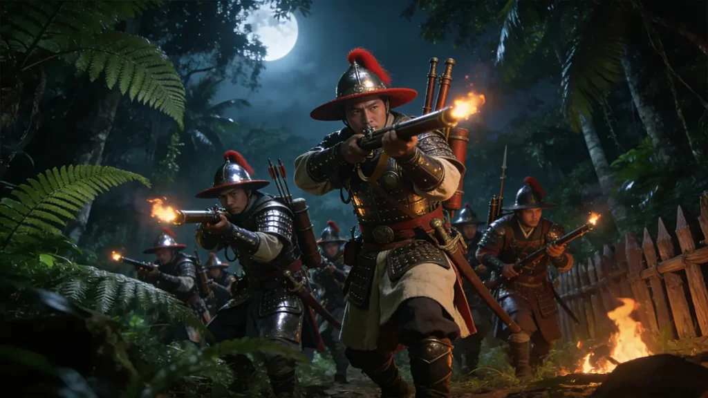 Ming Dynasty elite special forces infiltrating the jungle of Kotte at night with firearms and rocket arrows, preparing for a surprise decapitation strike.