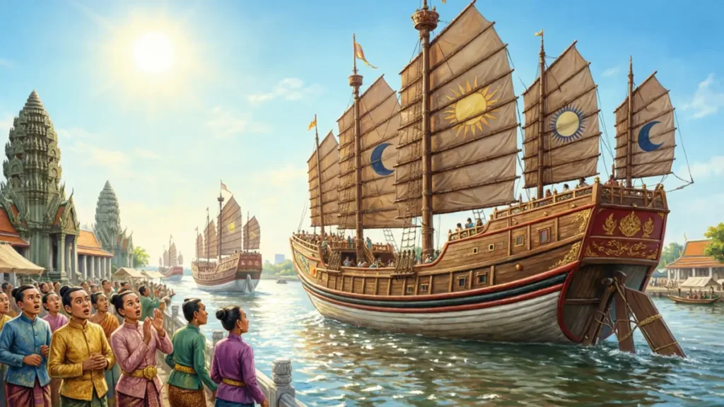 Illustration of Zheng He's massive Ming Dynasty Treasure Fleet arriving at the port of Ayutthaya, Siam, showcasing the scale of the ships that facilitated trade and diplomacy for Zheng He in Thailand.