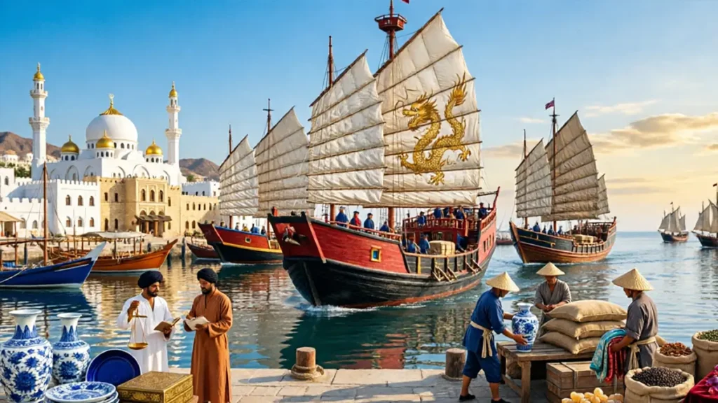 Ming Dynasty treasure fleet arriving at Hormuz port in Arabia, showing trade between Chinese and Arab merchants