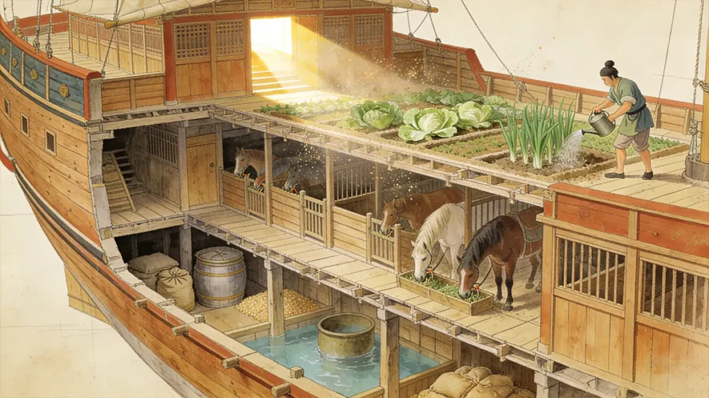 Cross-section diagram of a Ming Treasure Ship showing watertight compartments, horse stables, and onboard vegetable gardens.