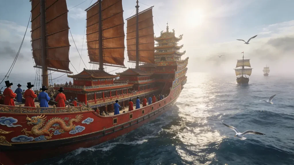 A massive 15th-century Ming Dynasty Treasure Ship dwarfing a small European caravel like the Santa María on the Indian Ocean.