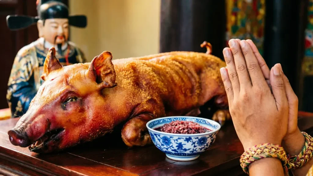 Close-up of traditional Chinese offerings like roast pig and Ming-style porcelain bowls at a Thai shrine, while a devotee performs the Thai Wai gesture, highlighting the unique practices surrounding Zheng He in Thailand.