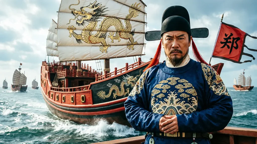 Admiral Zheng He in Ming Dynasty official robes standing on the deck of a treasure ship during the voyage