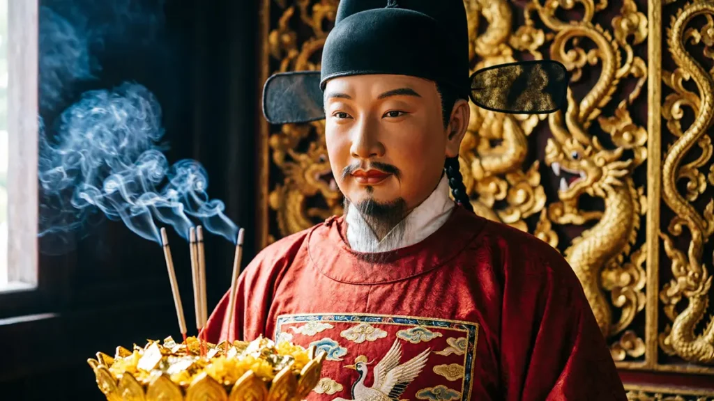 A statue of Zheng He wearing traditional Ming Dynasty official robes and a black Wushama hat, worshipped in a Thai shrine with incense and lotus offerings, illustrating the unique cultural fusion of Zheng He in Thailand.