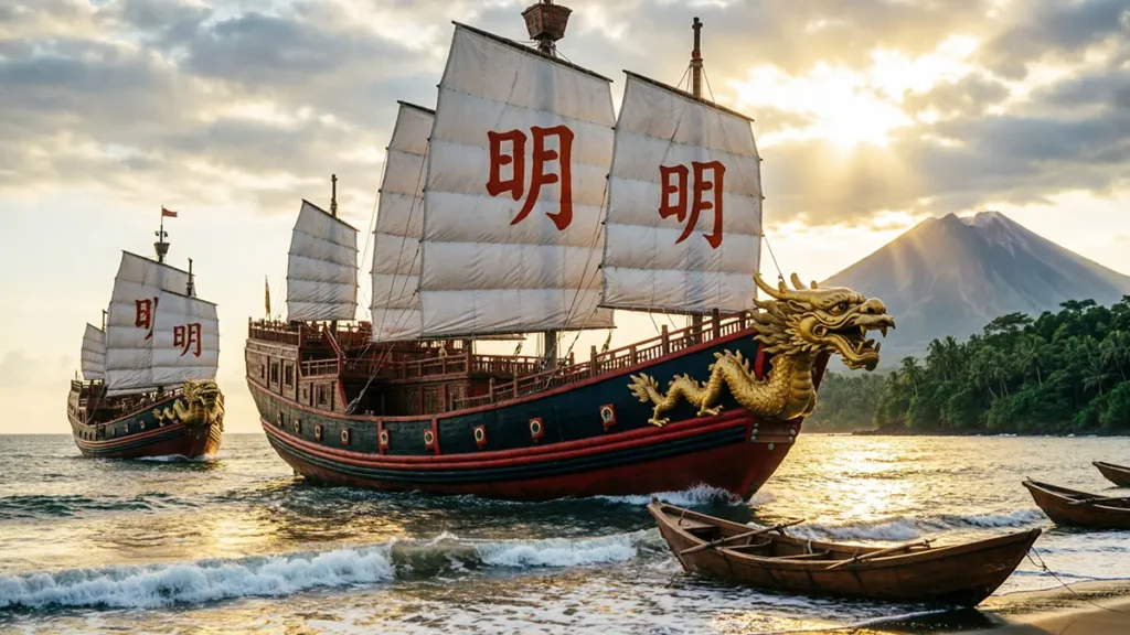 A massive Ming Dynasty Treasure Fleet commanded by Zheng He arriving off the coast of Java in 1405, featuring giant wooden ships with red and black hulls and white sails during sunrise.