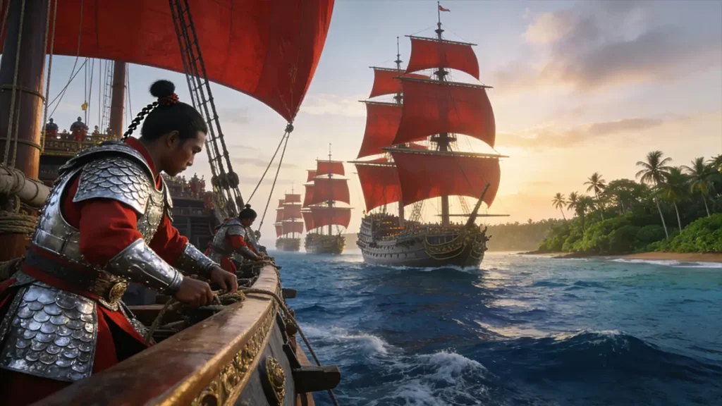 Massive Ming Dynasty Treasure Fleet anchored off the coast of Ceylon in 1411, showcasing the naval power of Admiral Zheng He.