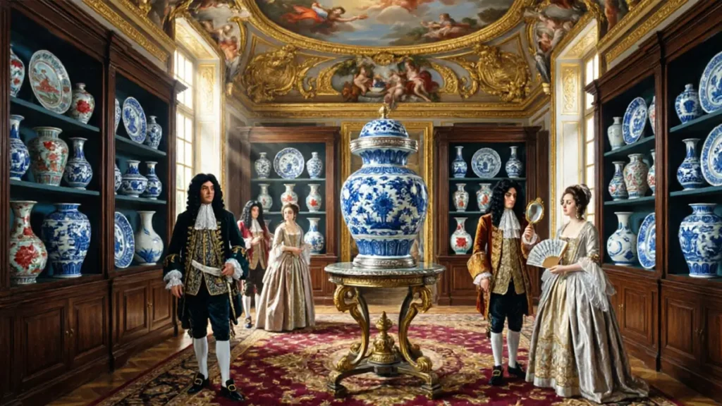 17th-century European royal porcelain cabinet displaying Ming Dynasty ceramics, often mounted with gilt-silver rims by European silversmiths