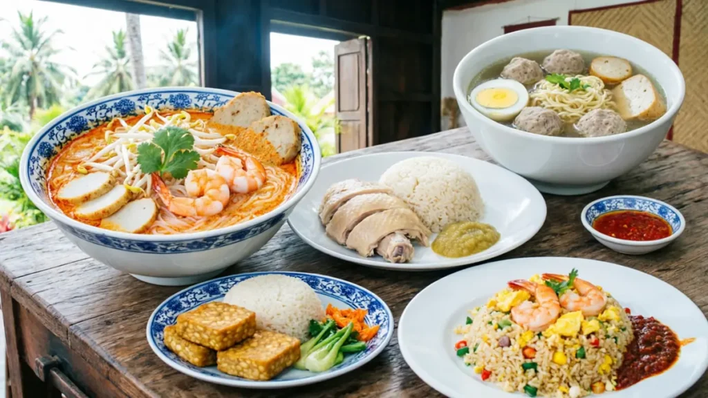 Five Southeast Asian dishes influenced by Ming Dynasty cuisine: laksa, bakso meatballs, Hainanese chicken rice, tempeh, and Nyonya fried rice, served in traditional ceramic bowls