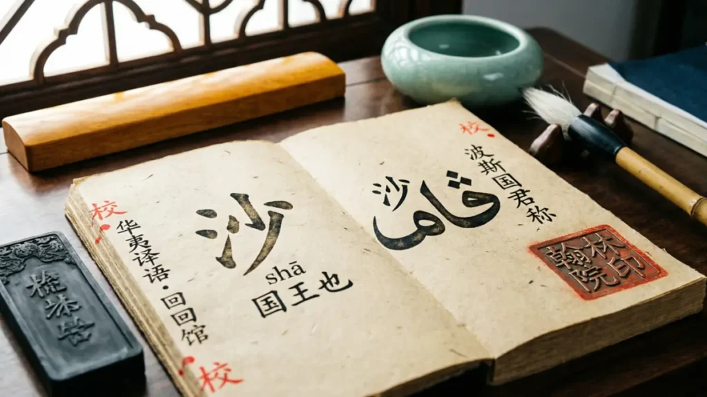 A reconstructed page from the Hua-Yi Yiyu (Dictionary of Chinese and Foreign Terms), Huihui Guan section, c. 1430. Shows the Persian term “Shāh” (king) with Chinese phonetic transcription “Sha” and gloss. All materials—paper, ink, seal, and desk tools—reflect Ming-period authenticity.