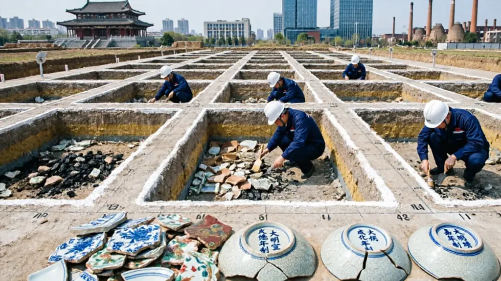 Archaeological excavation at Jingdezhen imperial kiln site, revealing thousands of dated Ming porcelain wasters that provide authentication benchmarks