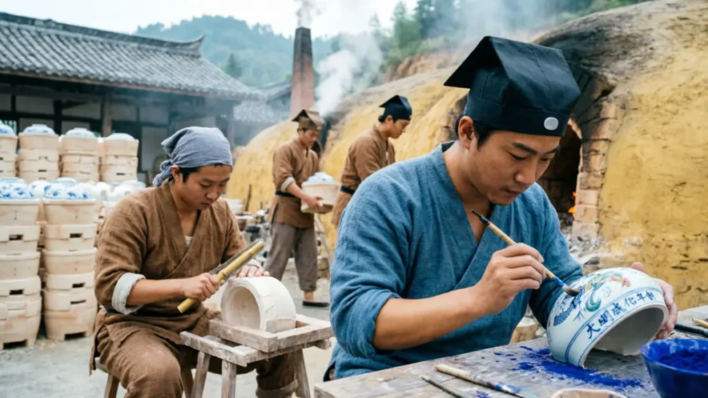 Jingdezhen imperial kiln production scene during Ming Dynasty, showing craftsmen painting blue-and-white porcelain and loading kiln saggars