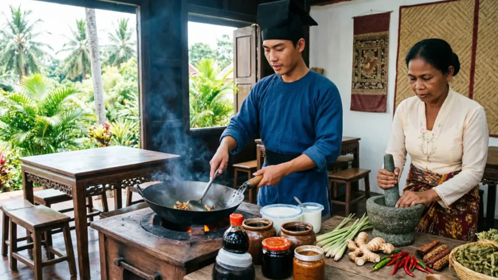 Ming Dynasty Chinese settler and Malay woman cooking together in a 15th-century Malacca kitchen, combining Chinese wok techniques with Malay spices like lemongrass, galangal, and coconut milk
