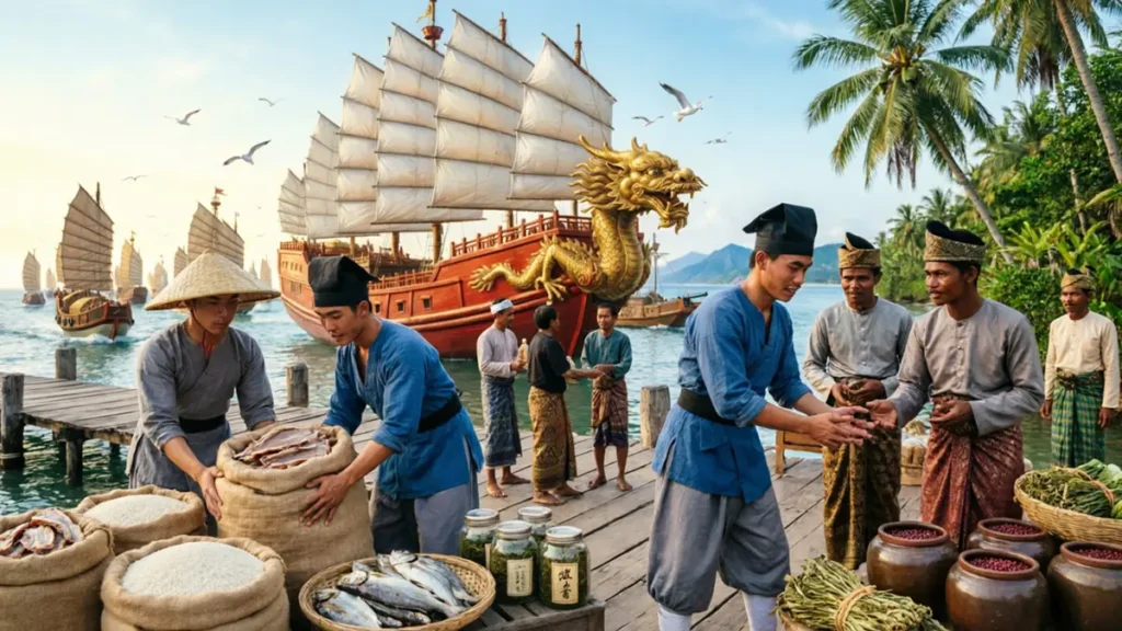 Ming Dynasty sailors resupplying at Malacca port, exchanging salted meats, dried vegetables, tea, and fermented bean paste with local Malay traders in the early 15th century