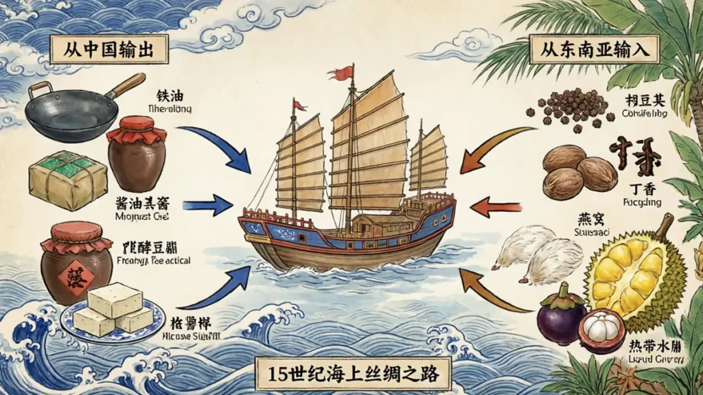 Infographic showing two-way culinary exchange between Ming Dynasty China and Southeast Asia: Chinese exports (iron woks, soy sauce, tea) and Southeast Asian imports (pepper, nutmeg, cloves, bird's nest)