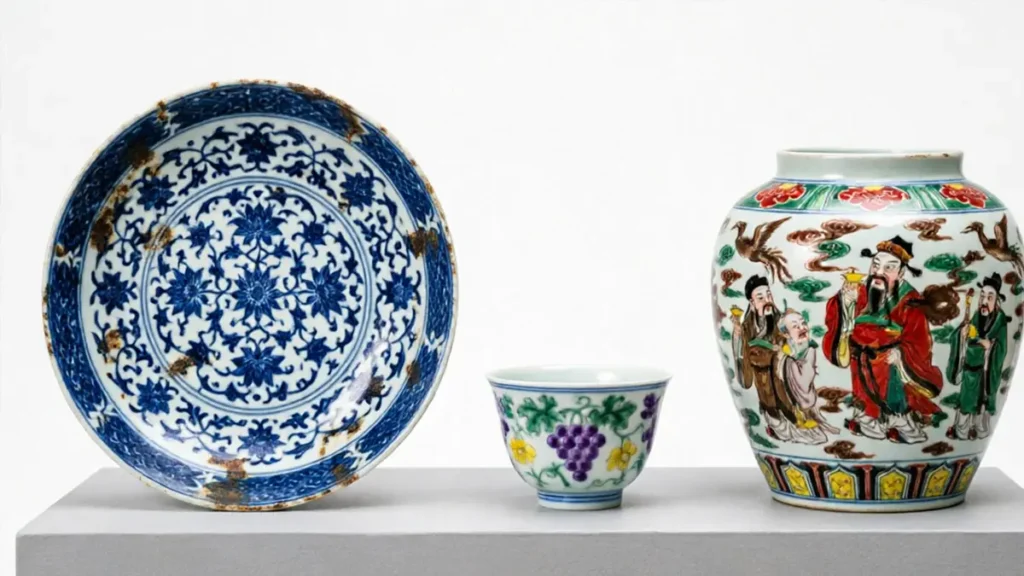 Comparison of Ming porcelain decoration styles: Xuande blue-and-white with Islamic motifs, Chenghua doucai with refined court aesthetics, and Jiajing wucai with vibrant religious themes