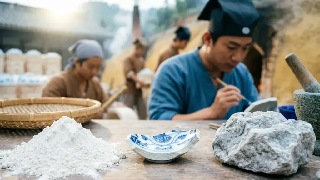 Kaolin and petuntse raw materials used in Ming Dynasty porcelain binary formula, showing the technical innovation that enabled high-temperature firing