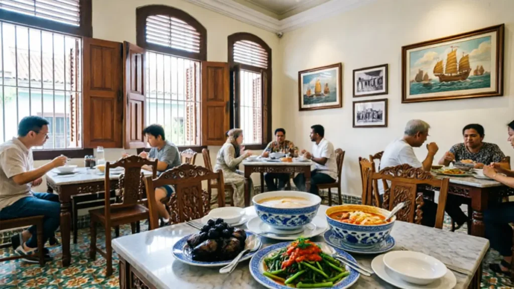 Modern Peranakan restaurant in Malacca's UNESCO World Heritage zone, featuring traditional Nyonya cuisine served in historic Straits Chinese architecture with colorful tiles and wooden shutters
