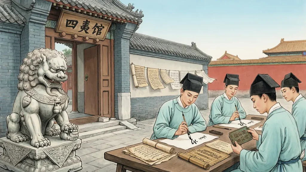A reconstruction of the Siyi Guan (Bureau of Translators) in Beijing during the Yongle reign (1407–1424), showing translation apprentices at work with Persian, Tibetan, and Mongolian documents. Architecture, clothing (light-blue zhiduo, square pingdingjin caps), and tools strictly follow Ming-dynasty standards—no Qing-era elements.