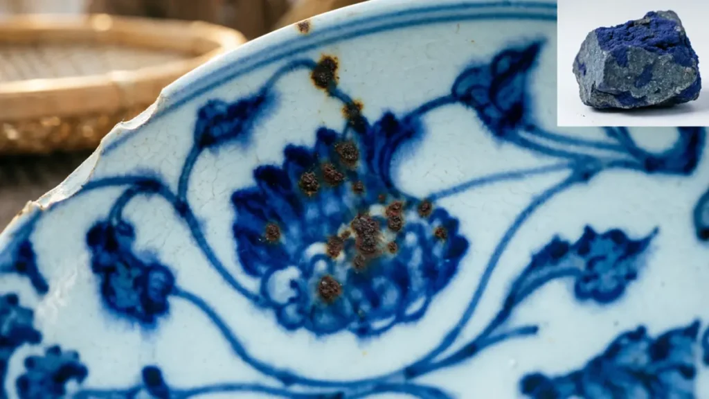 Sumaliqing cobalt pigment characteristics on Xuande blue-and-white porcelain, showing iron-spot crystallization and natural halo effect