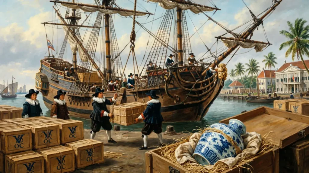 Dutch East India Company (VOC) ships loading Ming porcelain at Batavia port in the 17th century, transforming ceramics into global trade commodities