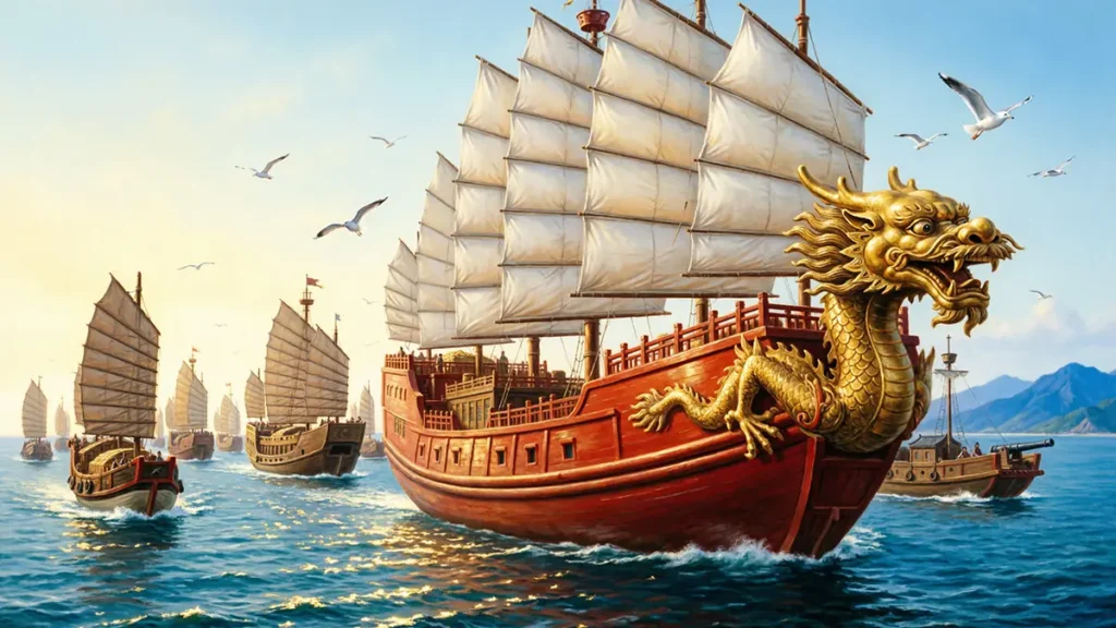 Zheng He's treasure fleet sailing across the Indian Ocean during the Ming Dynasty voyages (1405-1433), showing massive nine-masted treasure ships with red hulls and white sails