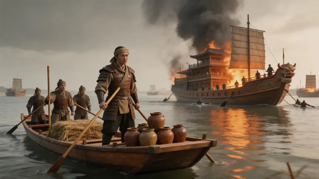 The Battle of Lake Poyang in 1363, the largest naval engagement of the Middle Ages, where Zhu Yuanzhang's fire ships destroy Chen Youliang's chained-together tower fleet.