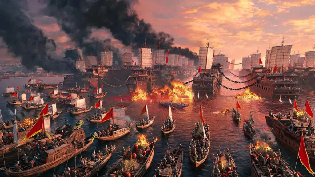 The Battle of Lake Poyang, 1363: Zhu Yuanzhang's small fire-ships attack Chen Youliang's massive chained tower ships on a northeast wind. The lake burns crimson red as smoke fills the sky.