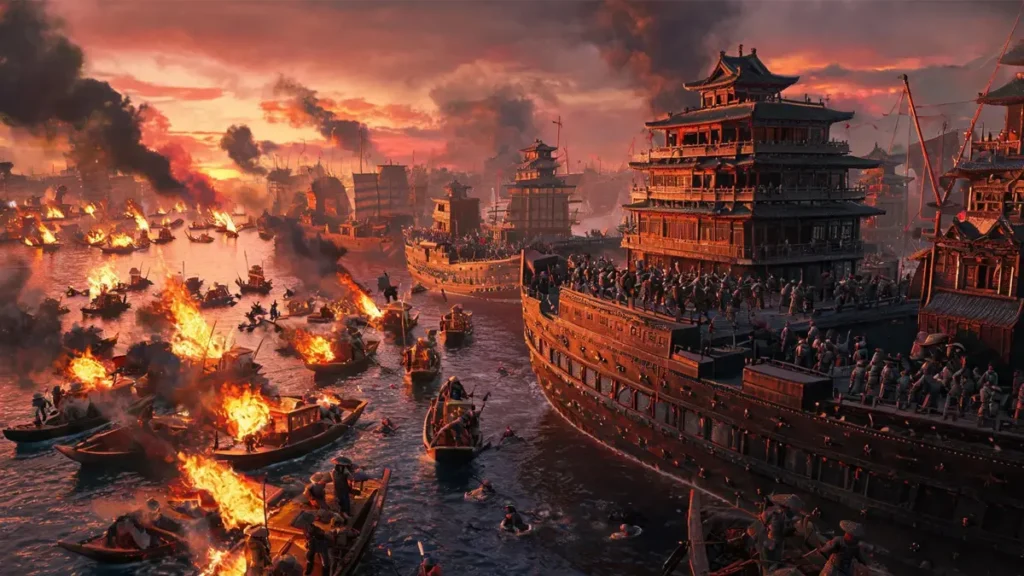 A dramatic historical painting of the 1363 Battle of Lake Poyang, showing Zhu Yuanzhang's Ming fleet launching a fire attack on Chen Youliang's massive tower ships.