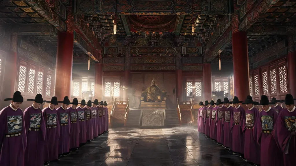 Interior of the Fengtian Hall in early Ming Dynasty: the chancellor’s position stands conspicuously empty as officials in Ming-style buzi robes and black gauze hats bow their heads in fear; the silhouette of Zhu Yuanzhang in dragon robe and yishan crown looms on the throne, visualizing the power vacuum and terror after abolishing the chancellorship.