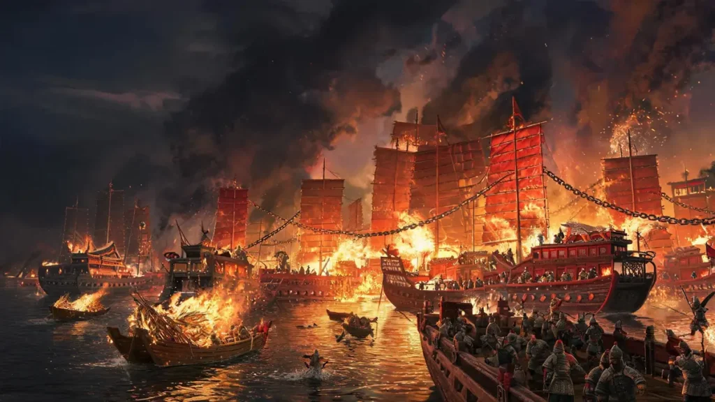 A dramatic night battle scene from the 1363 Battle of Lake Poyang. Small, burning fire ships are crashing into a massive, chain-linked fleet of giant Chinese tower ships. The huge vessels are engulfed in flames, and armored soldiers are leaping into the dark water. Thick smoke and orange fire dominate the scene.