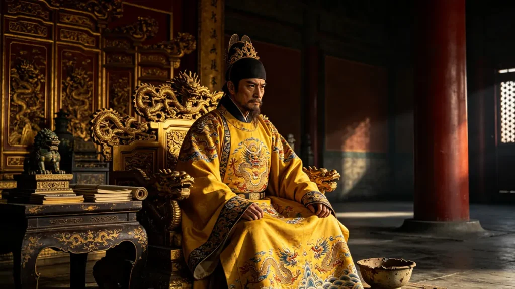 The Hongwu Emperor in his dragon robes on the throne, with an old begging bowl placed beside him as a deliberate reminder of his origins.
