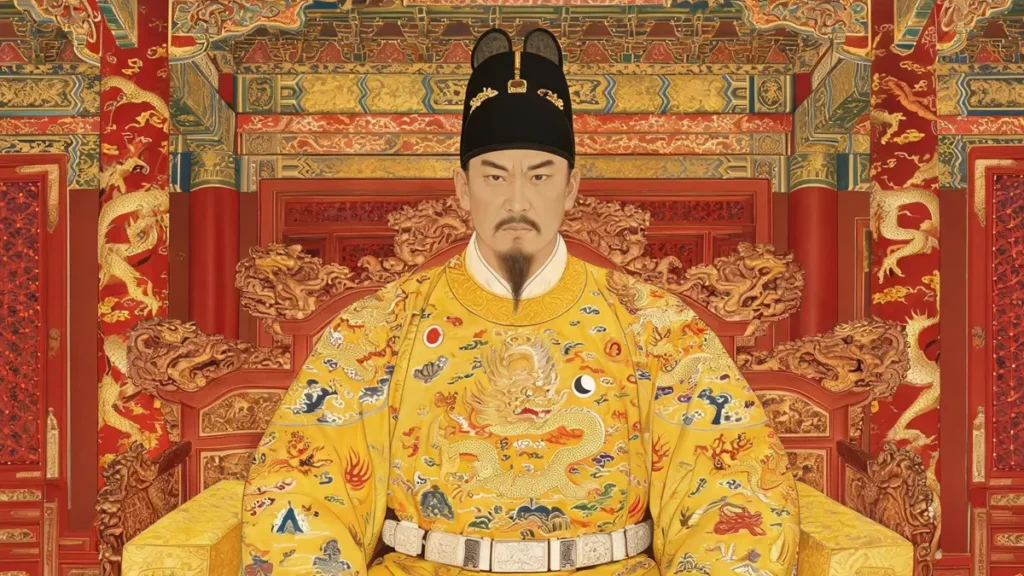 A formal imperial portrait of Zhu Yuanzhang, the Hongwu Emperor, wearing the dragon robes of the Ming dynasty.