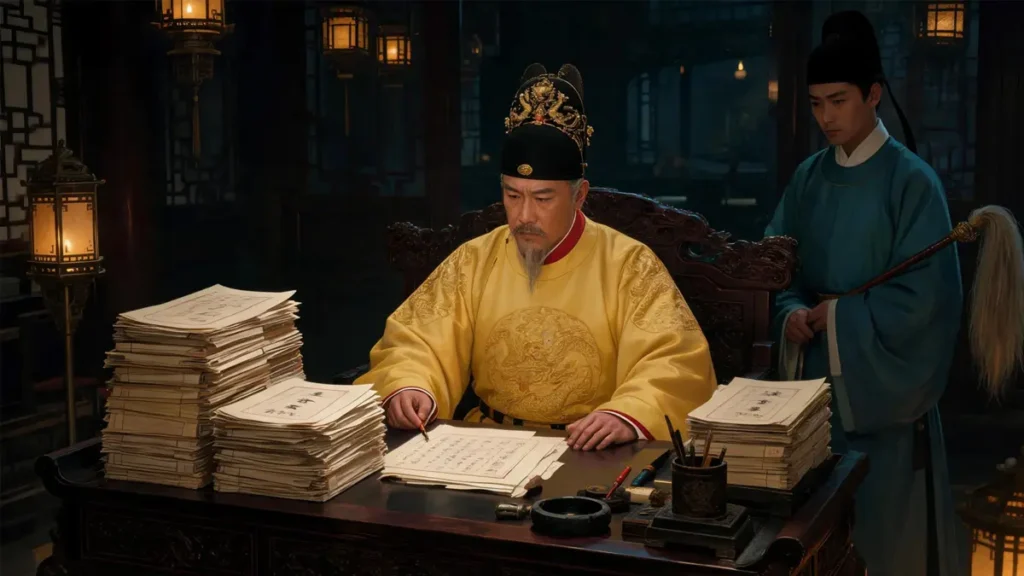 The Hongwu Emperor works late into the night reviewing a mountain of memorials in his private study, exhausted and illuminated only by candlelight—a vivid illustration of the burden of direct rule after abolishing the chancellorship.
