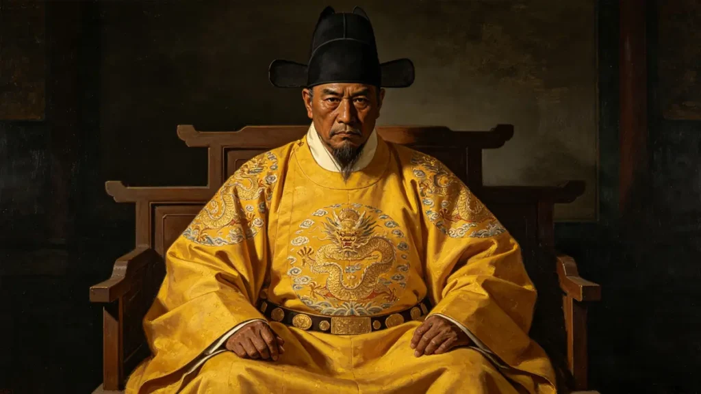The Hongwu Emperor, Zhu Yuanzhang in his later years, seated on the Ming dragon throne in yellow dragon robe, his gaunt face with protruding chin and cold watchful eyes half-lit by dramatic side lighting