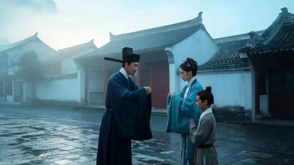 A Ming Dynasty official in a round-collar robe and black gauze hat bids a sorrowful farewell to his wife and children at dawn in early-Ming Nanjing, with grey-tiled white-walled Ming-style residences in the background, capturing the pervasive dread before court attendance.