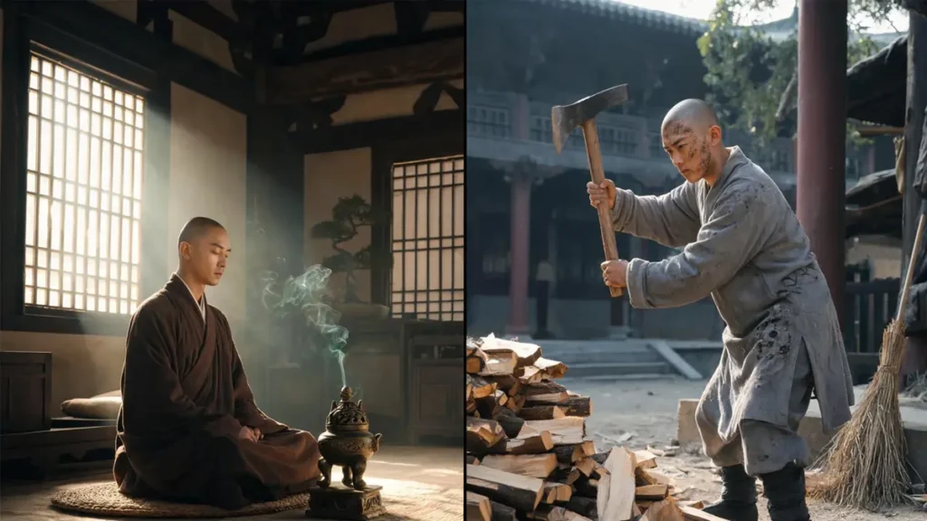 Split image contrasting an ideal meditating monk in a serene Ming temple with the harsh reality of young Zhu Yuanzhang doing manual labor as a novice.