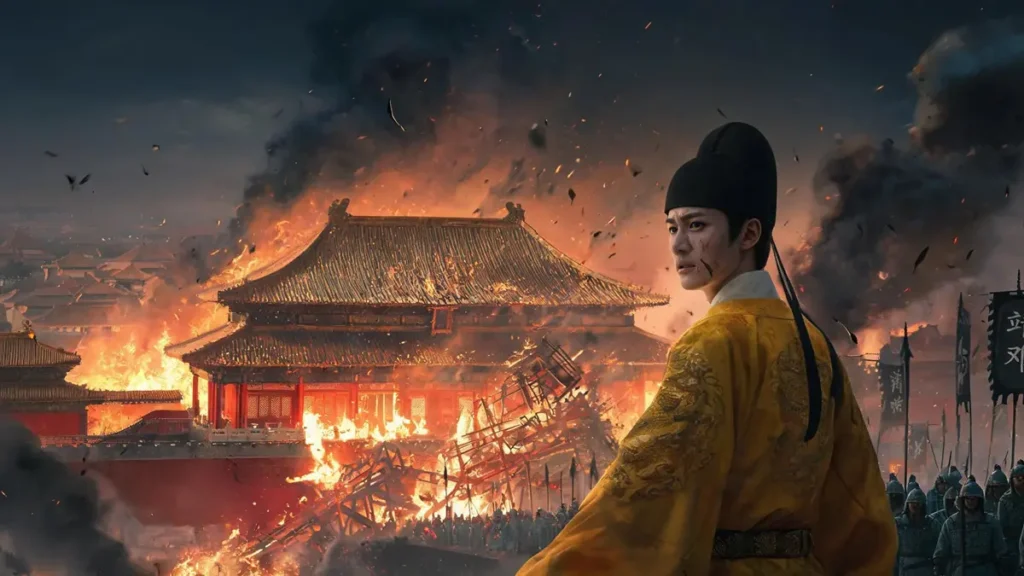 The Burning Palace: Young Emperor Jianwen in Ming daily attire gazes despairingly at the engulfed Fengtian Hall amid smoke and flames, as Prince of Yan’s Jingnan banners approach in the distance—visualizing the catastrophic backfire of Hongwu’s military purges.