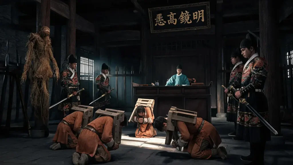 Inside an early Ming yamen hall: a straw-stuffed human skin hangs beside a pillar as a grotesque warning; Jinyiwei guards in feiyu uniforms holding xiuchun sabers stand flanking kneeling prisoners in cangues, illustrating institutionalized terror and performative violence under Hongwu rule.